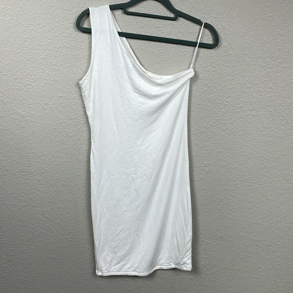 Naked Wardrobe White Bodycon One Shoulder Dress Slit Neck Sz L - Picture 7 of 12